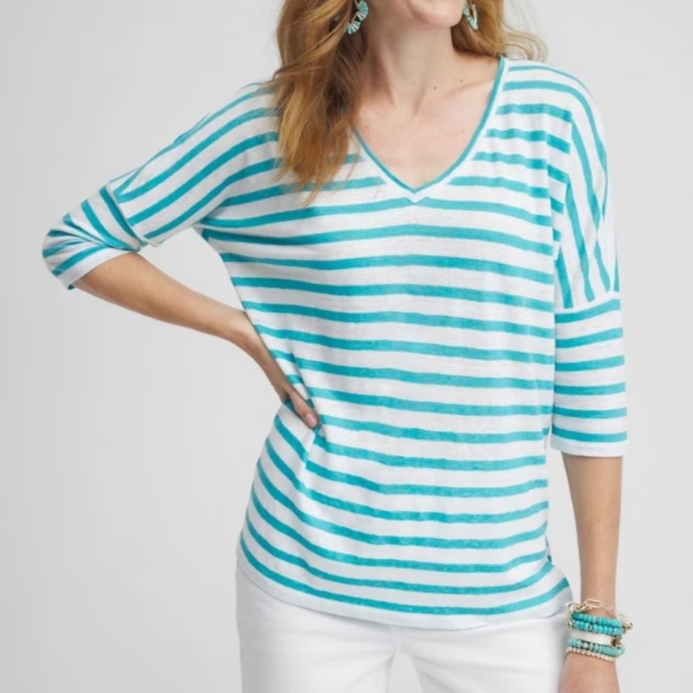 Chico's Linen Coastal Stripe Tunic‎ Top Size 2 / L Nautical Drop Shoulder